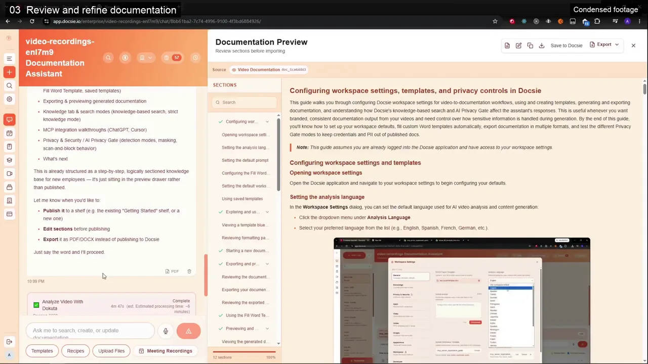 Docsie assistant and generated guide with sections and screenshots