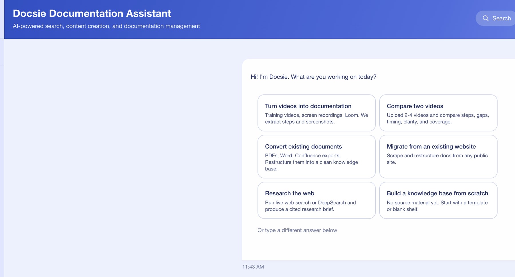 Docsie assistant screen for turning videos into documentation