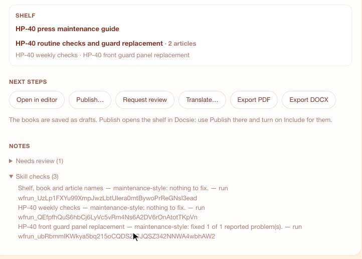 A rewrite result card with next steps (open in editor, publish, request review, translate, export PDF, export DOCX) and three skill checks