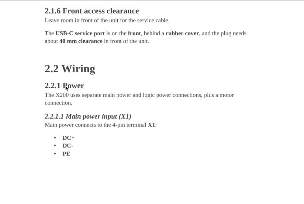 The exported Word user guide with numbered headings 2.2 Wiring, 2.2.1 Power and 2.2.1.1 Main power input