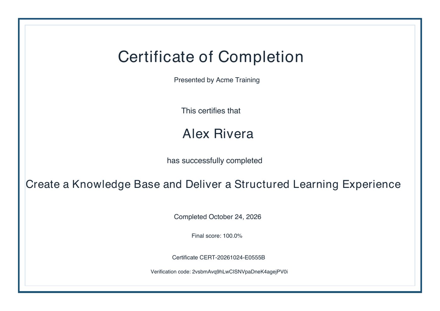 Certificate of completion for Alex Rivera, presented by Acme Training, with the completion date, a final score of 100%, a certificate number and a verification code