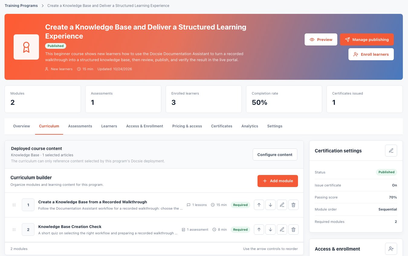 A course in the Docsie Learn builder: two required modules, 3 enrolled learners, a 50% completion rate, one certificate issued and a 70% passing score