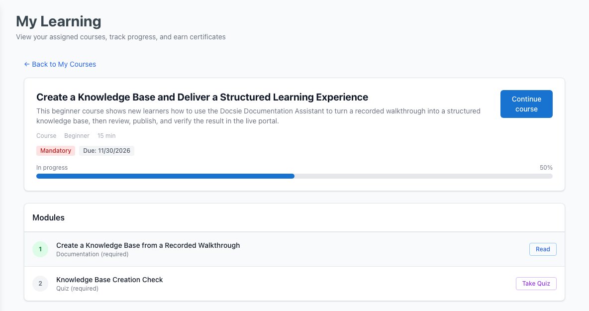 A learner's course page: mandatory, due 11/30/2026, 50% complete, with a lesson to read and a quiz to take