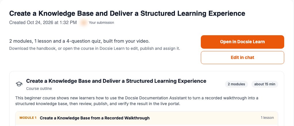 Video to Course result: 2 modules, 1 lesson and a 4-question quiz built from the video, with Open in Docsie Learn and Edit in chat