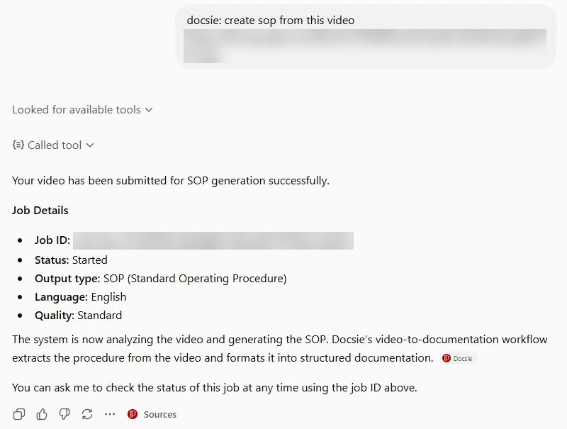 ChatGPT submitting a video to Docsie for SOP generation and showing the job details