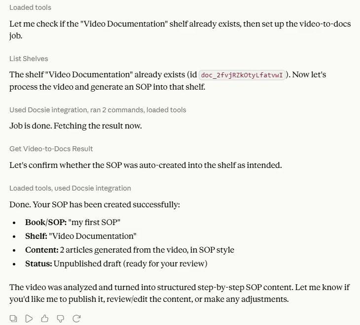 Claude turning a video into an SOP in Docsie through the Docsie MCP server and reporting it as an unpublished draft