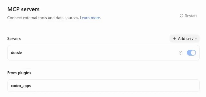 Codex MCP servers settings listing docsie, switched on