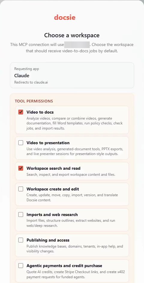 Docsie's sign-in screen for a Claude connection, with the workspace choice and tool permission packs