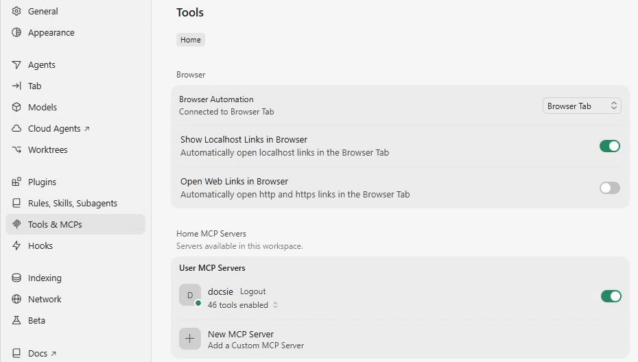 Cursor's MCP settings with the docsie server switched on