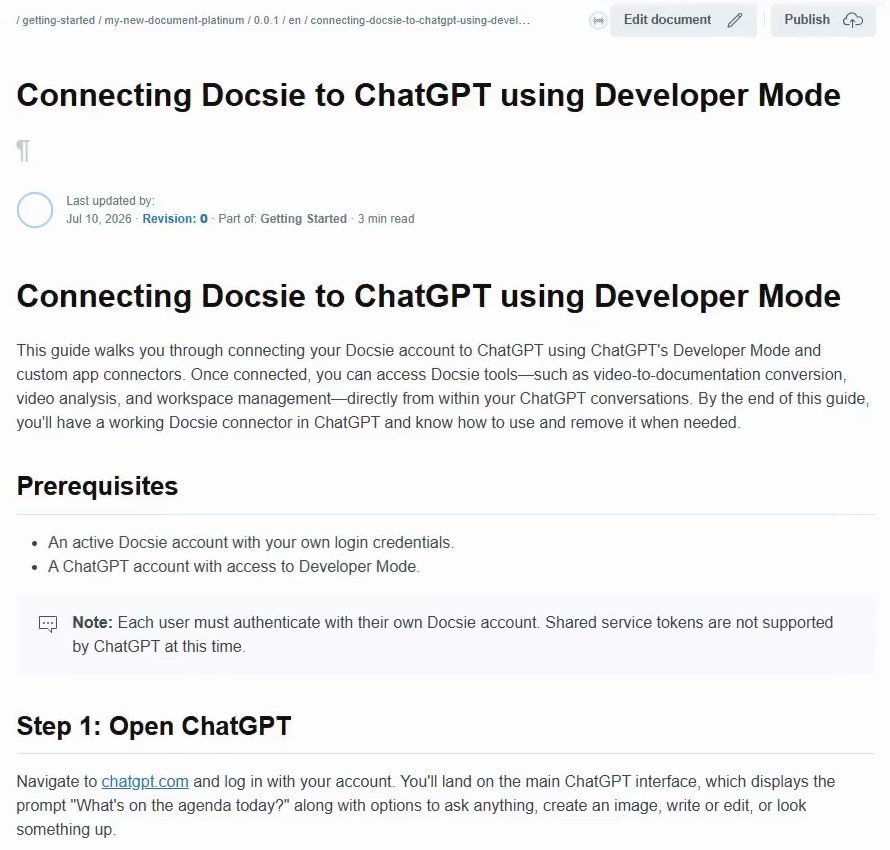 A guide generated from a video, open in the Docsie editor with Edit document and Publish buttons