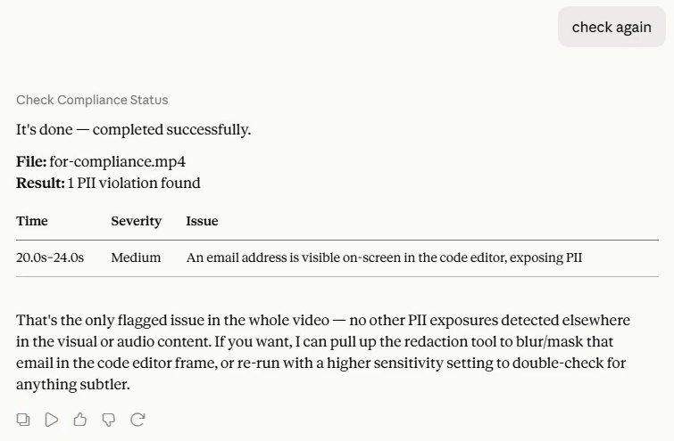 Claude reporting one PII violation in a video, an email address visible in a code editor from 20 to 24 seconds