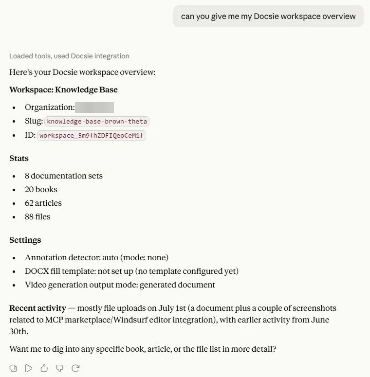 Claude summarizing a Docsie workspace over MCP, with counts of documentation sets, books, articles and files