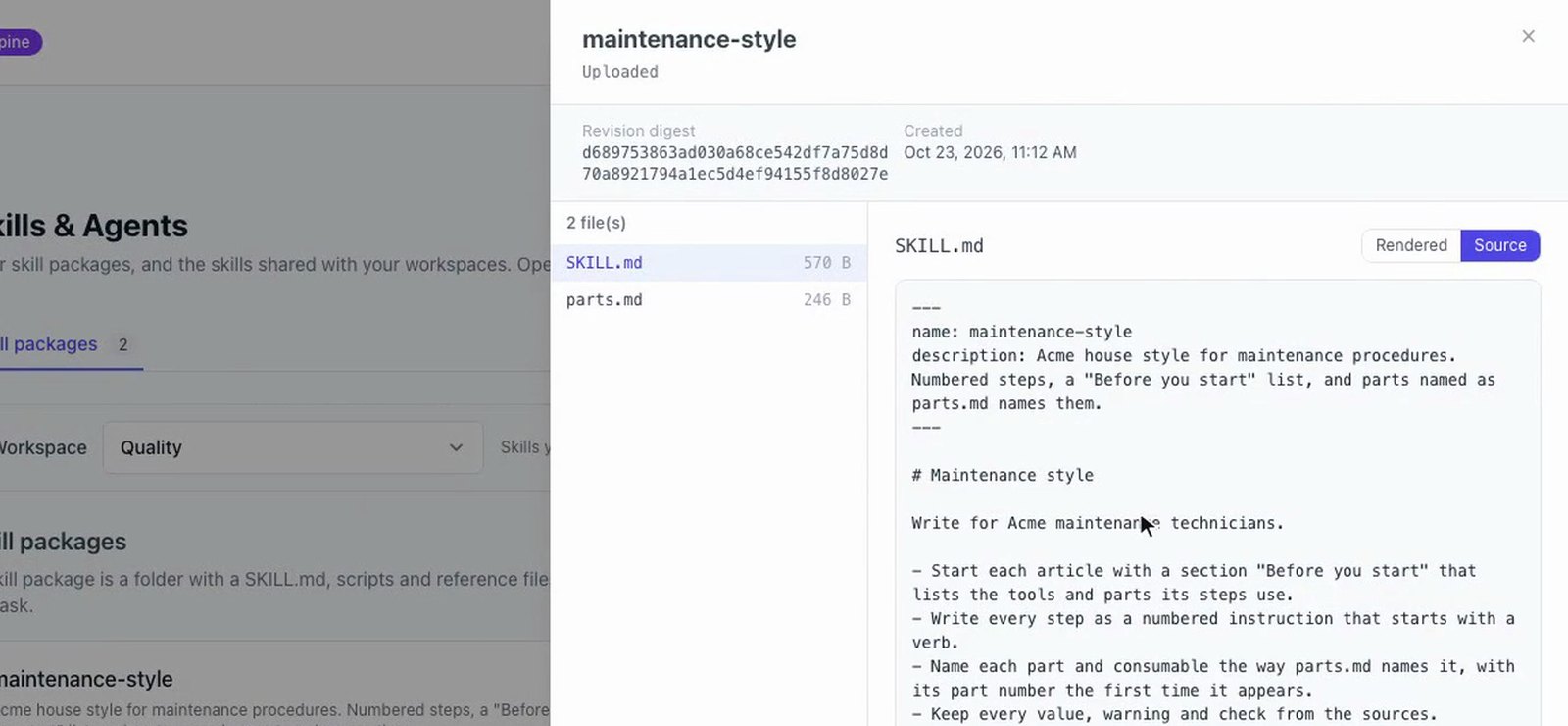 SKILL.md skills that teach Docsie how your team writes