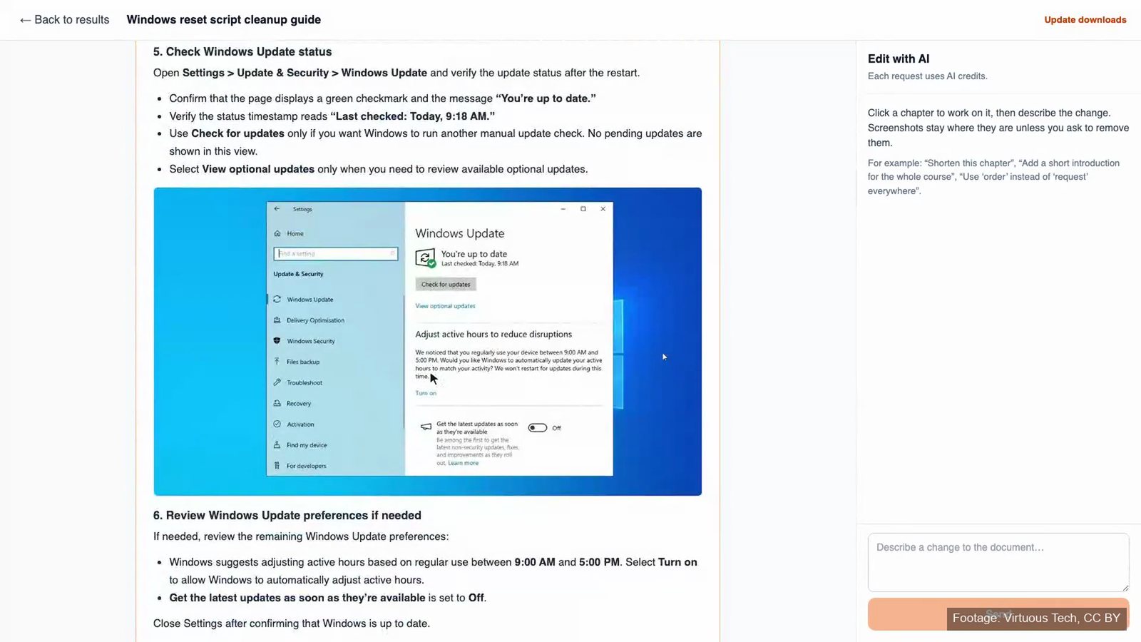 The step-by-step document Docsie wrote from the same screen recording, with a screenshot of Windows Update settings and an Edit with AI panel
