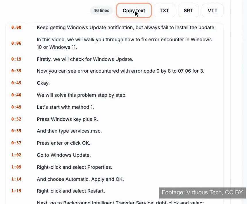 Transcript lines in Docsie, each with its time (0:00, 0:06, 0:19 and so on), with Copy text, TXT, SRT and VTT buttons