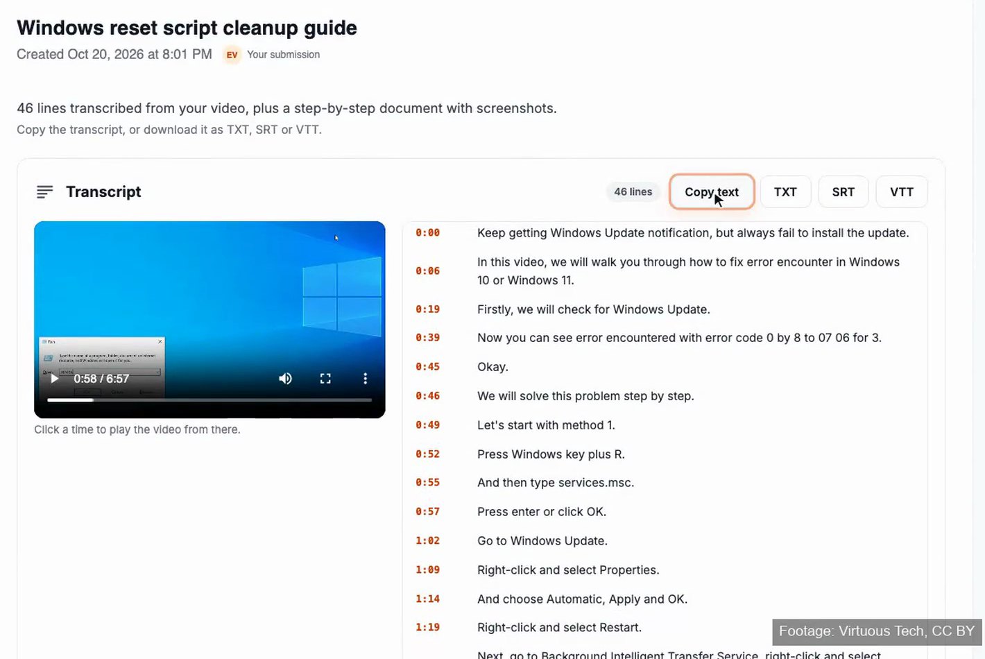 A finished Docsie transcript: each line with its time next to the video, and buttons to copy the text or download TXT, SRT and VTT