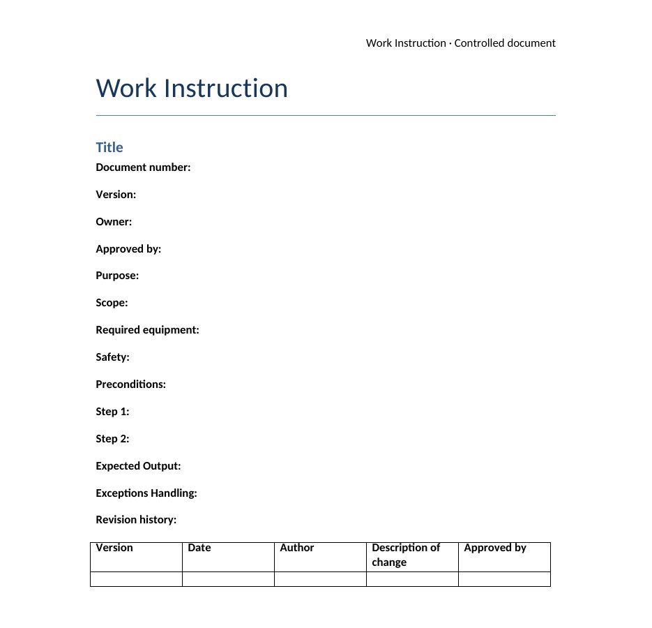 A blank Word work instruction template with labelled fields, two step lines and a revision table