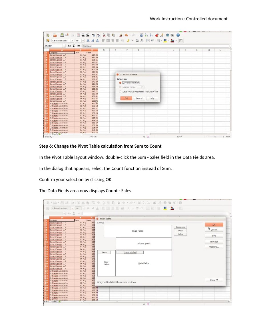The filled work instruction, steps 5 and 6 written out with screenshots from the video