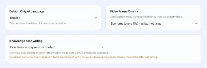 Workspace settings with Default Output Language, Video Frame Quality and Knowledge base writing