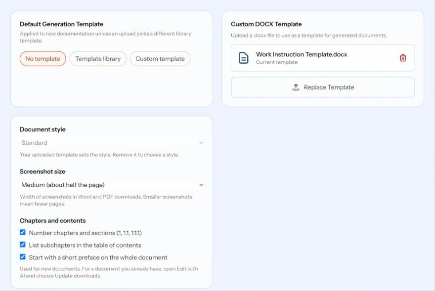 Template settings showing Work Instruction Template.docx as the custom DOCX template