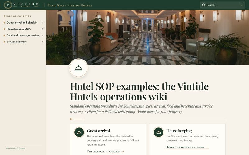 Hotel SOP wiki example built in Docsie for Vintide Hotels, a fictional company