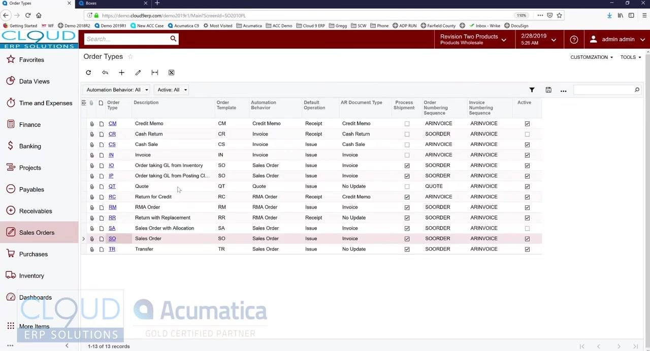 Acumatica dashboard showing cash position widgets, overdue payments, and the navigation menu