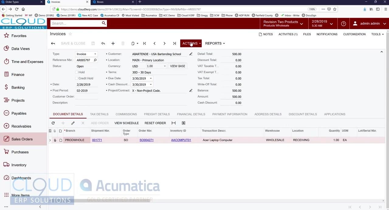 Order Types screen showing multiple Quick Process steps selected, including Create Shipment, Prepare Invoice, Email Invoice, Release Invoice, and Update IN