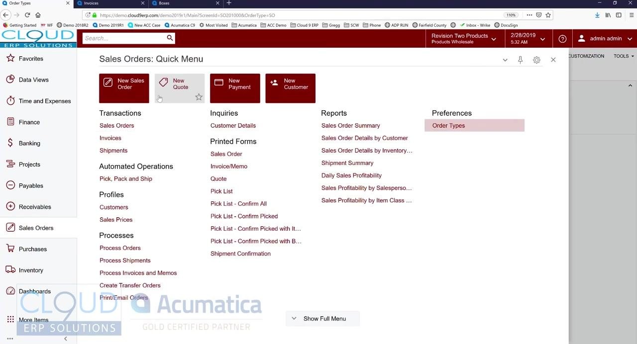 Sales Orders Quick Menu with the New Sales Order button highlighted