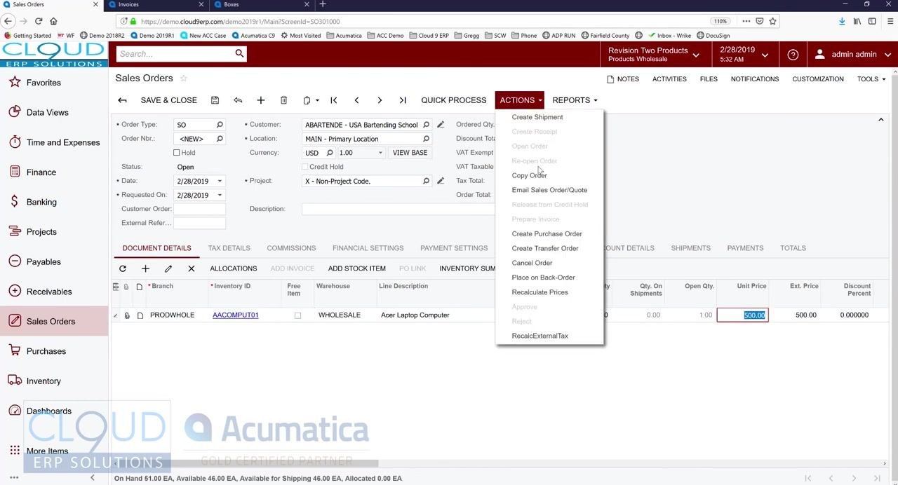 Sales Orders screen with the Quick Process button visible, order details filled in, and the Actions dropdown open