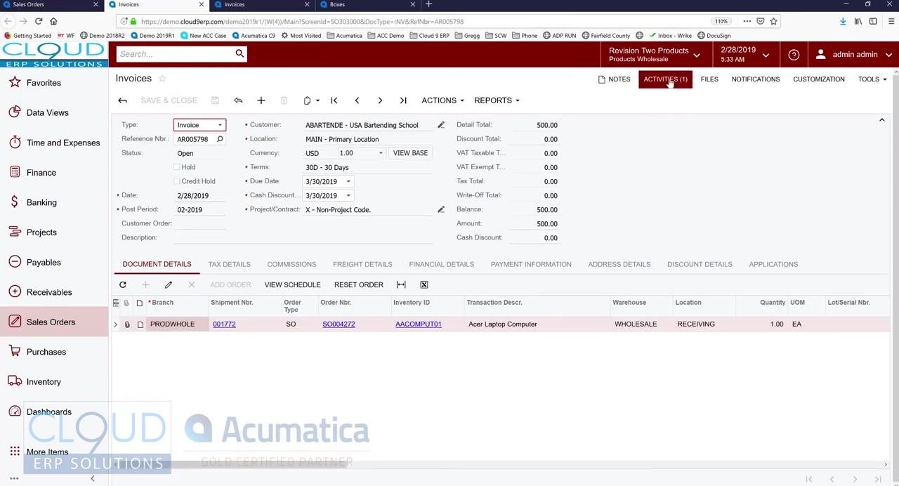 Processing Results dialog showing successful creation of Shipment 001772, Inventory Document 002009, and Invoice AR005798