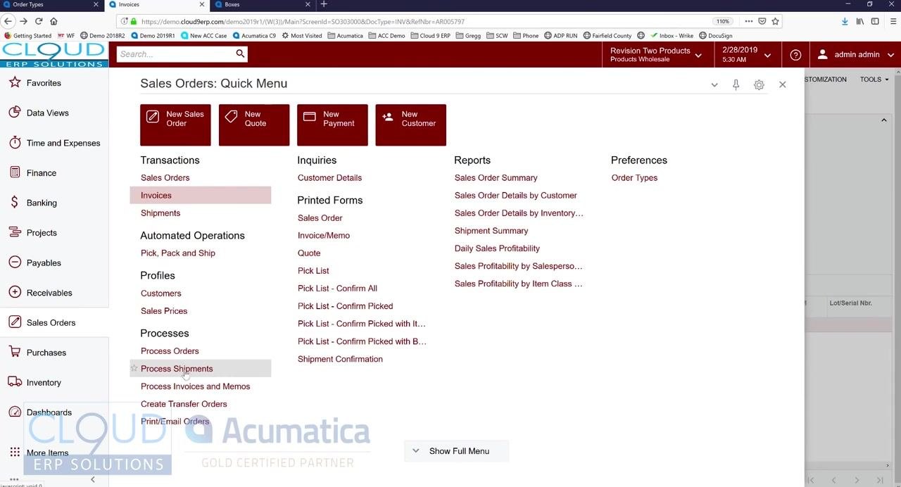 Sales Orders Quick Menu with batch process options for orders, shipments, and invoices
