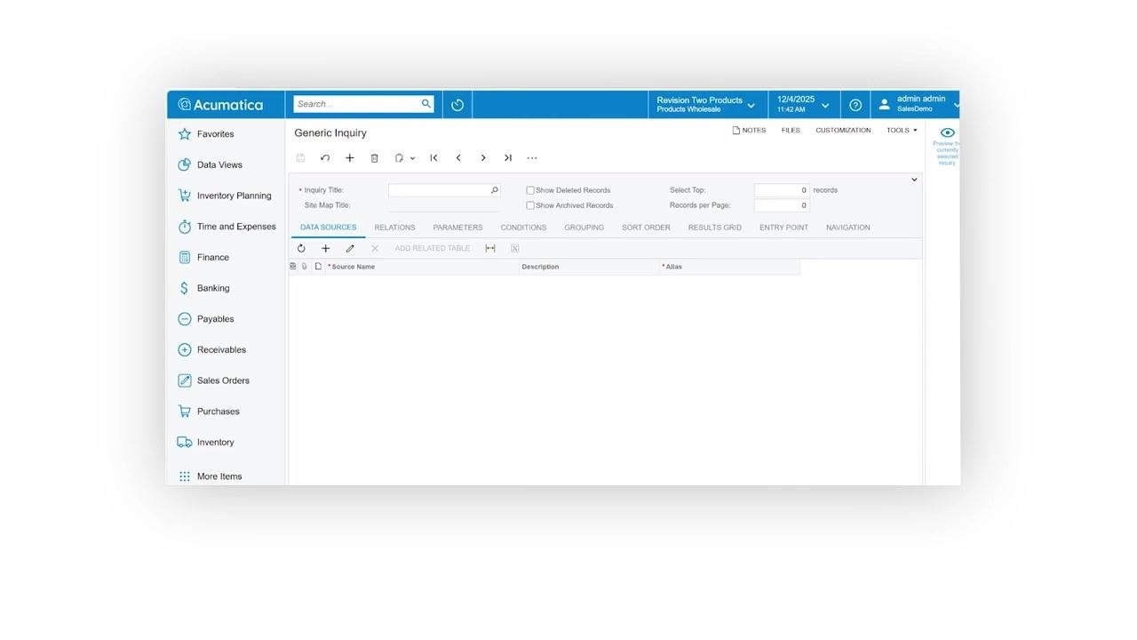 Generic Inquiry screen showing the navigation menu, search bar, and an empty data source grid