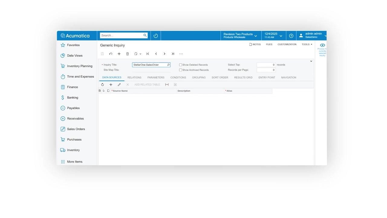 Inquiry Title field filled in with 'StellarOne-SalesOrder', ready for further configuration