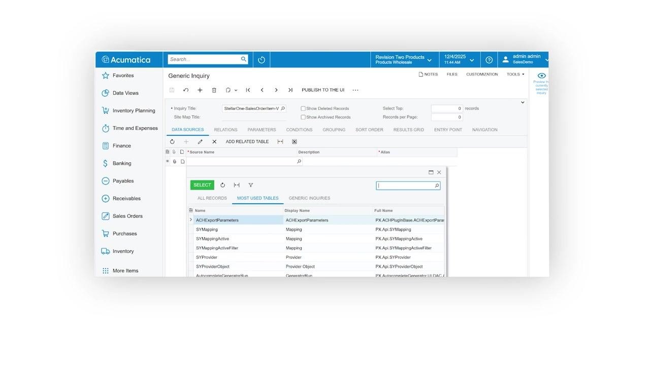 Sales Order Entry form open in Acumatica, showing both header and line-level fields