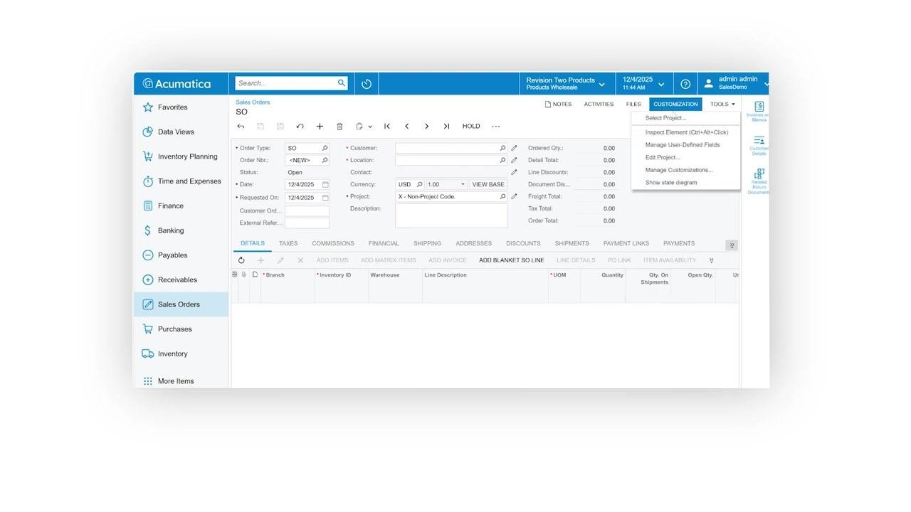 Sales Order Entry screen with the CUSTOMIZATION menu open and Inspect Element highlighted