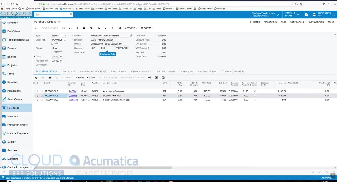Purchase Orders screen showing order details, vendor, status, line items, and totals