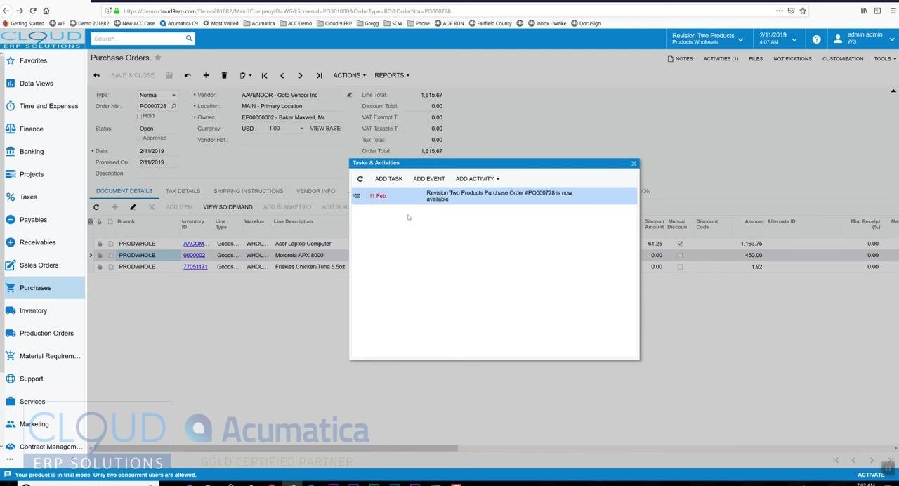 Tasks & Activities window showing a single email activity entry