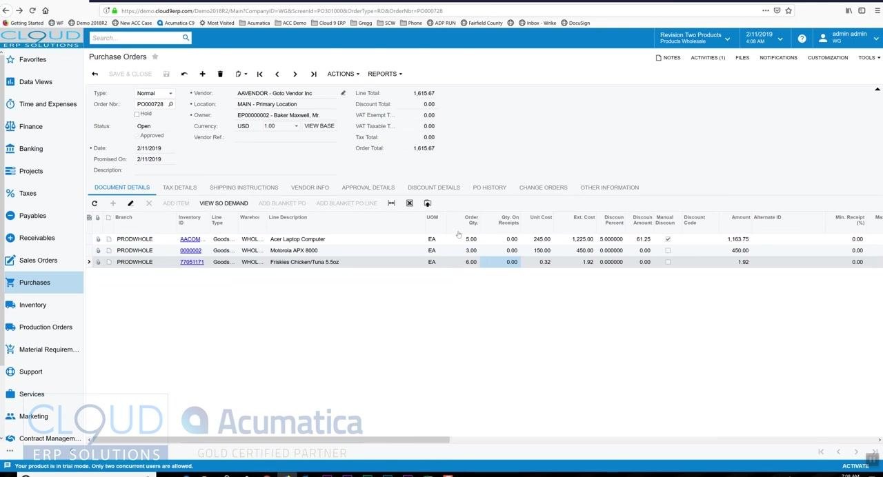 Purchase Orders screen with line items highlighted, showing order quantities and costs