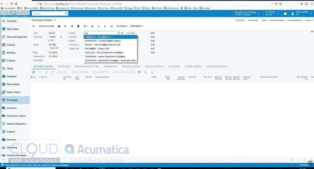Vendor selection dropdown showing multiple vendor options