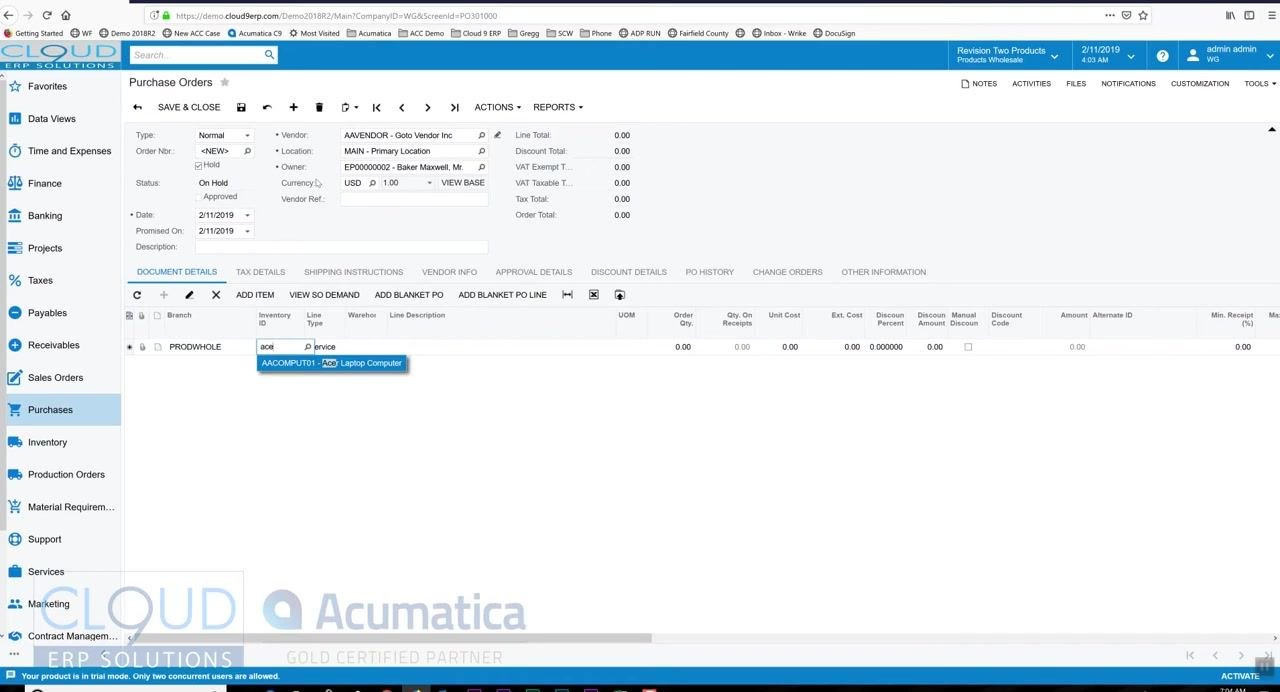 Adding an item to the purchase order by typing the inventory ID and selecting from suggestions