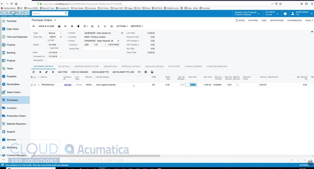Purchase order screen with an editable Unit Cost field for a line item