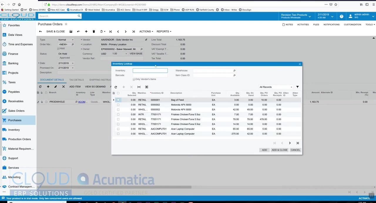 Purchase order screen with a discount applied to a line item, showing the calculated discount amount