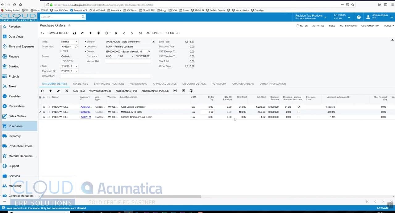 Purchase order screen with multiple line items and editable fields for quantity, cost, and discount