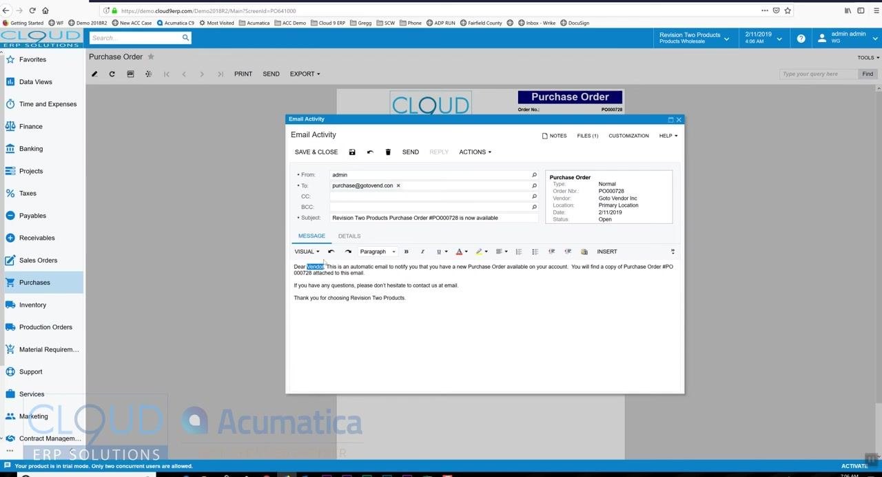 Email Activity window with a custom message, "Please put a rush on this," added to the email body