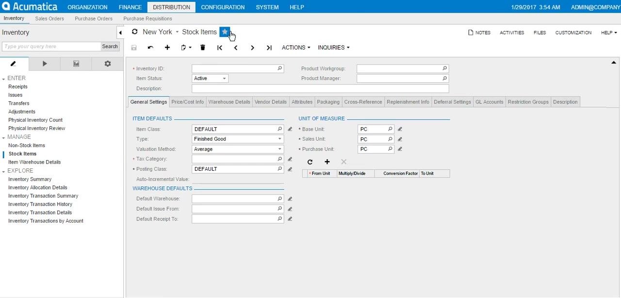 Stock Items screen with empty Inventory ID field and default settings visible