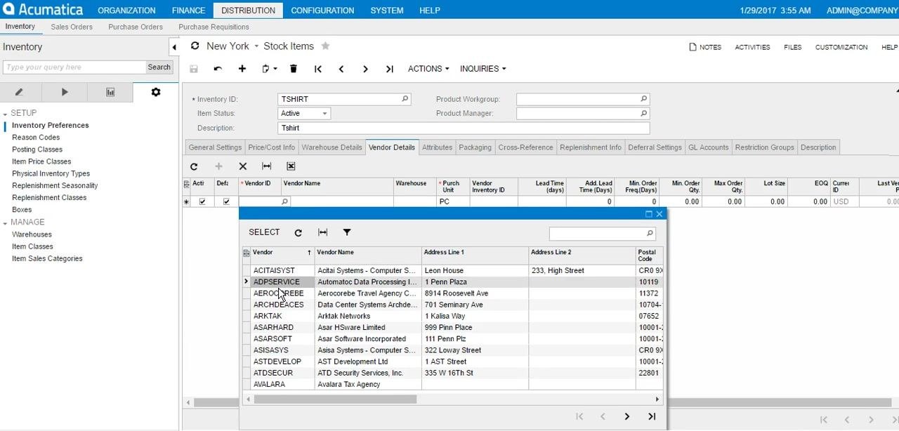 Vendor selection dialog with a list of vendors and their details