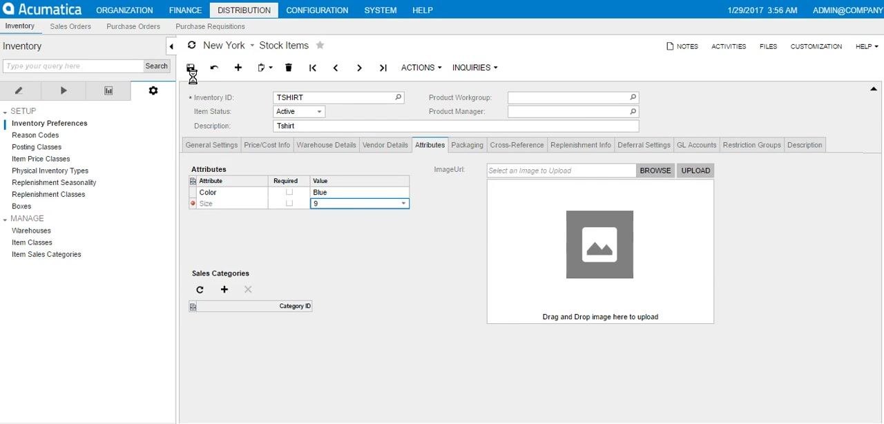 Attributes tab showing Color set to Blue and Size set to 9 for Inventory ID TSHIRT