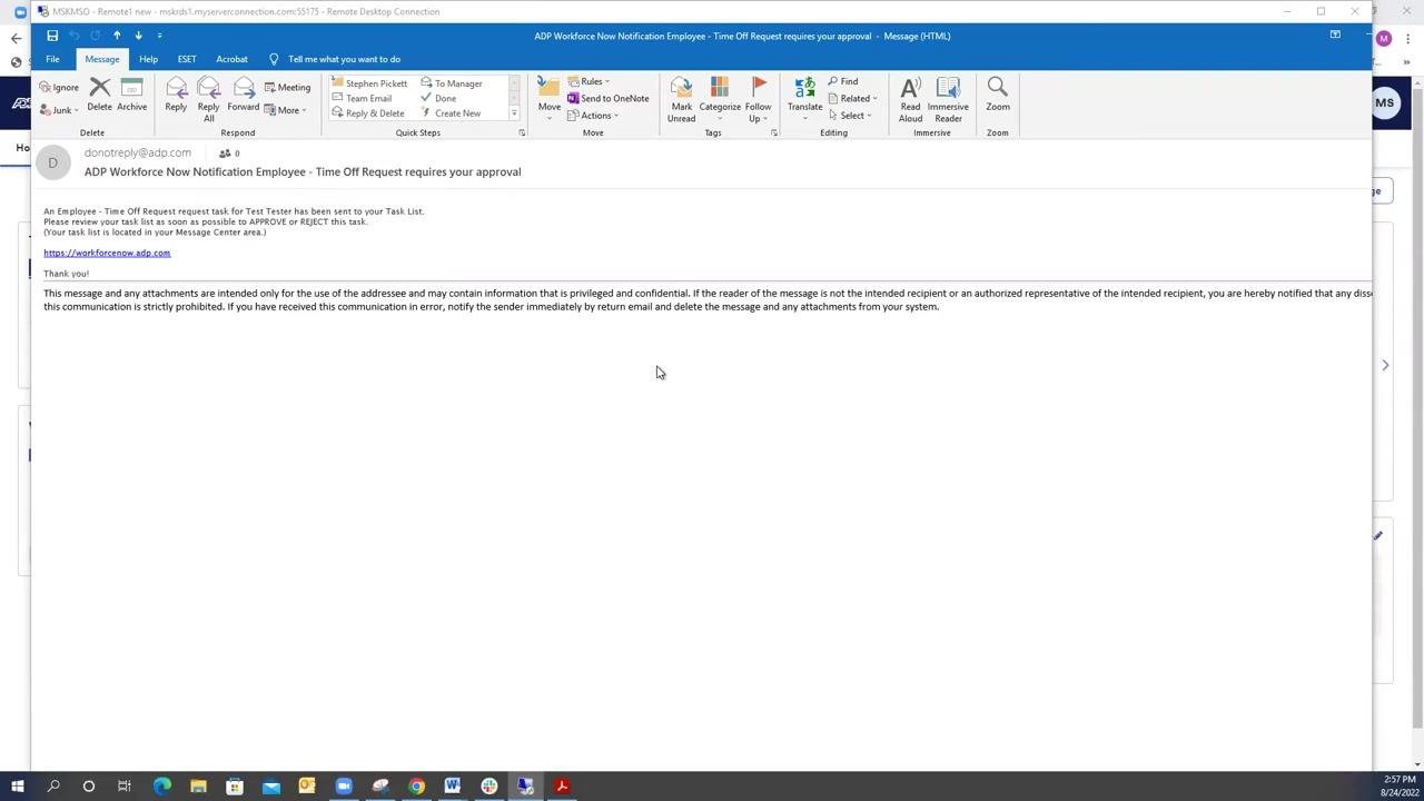 Outlook inbox displaying an ADP Workforce Now notification email with a time off request and a link to the ADP portal
