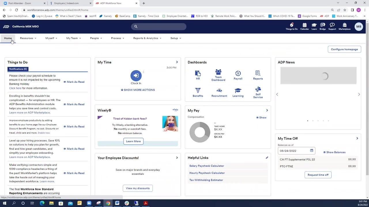 ADP Workforce Now homepage showing the "Things to Do" tile with only general notifications and no pending time off requests, confirming successful processing