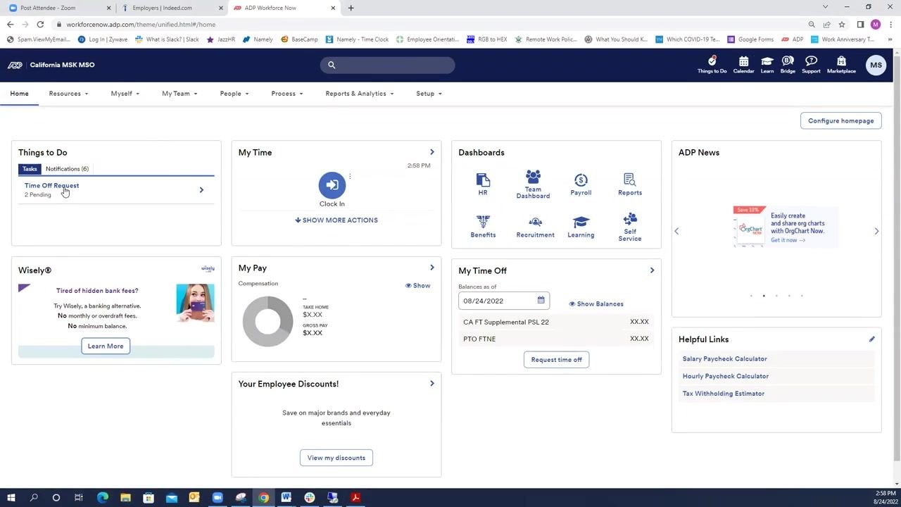 ADP Workforce Now homepage with the "Things to Do" tile highlighting "Time Off Request" and showing 2 pending requests